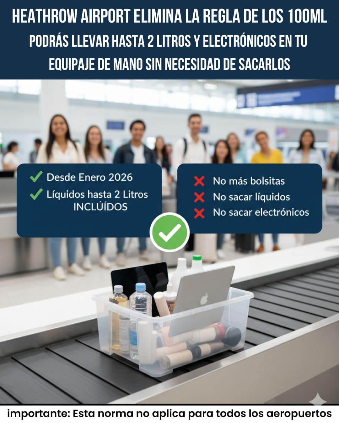Heathrow elimina la regla de los 100 ml: ya podés pasar líquidos y laptops sin sacarlos de tu equipoaje de mano