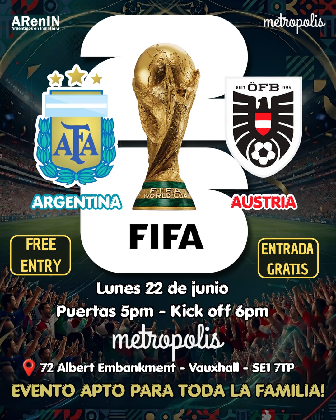Mundial 2026 en Londres: Argentina vs. Austria en Vivo en Vauxhall – Entrada Gratis