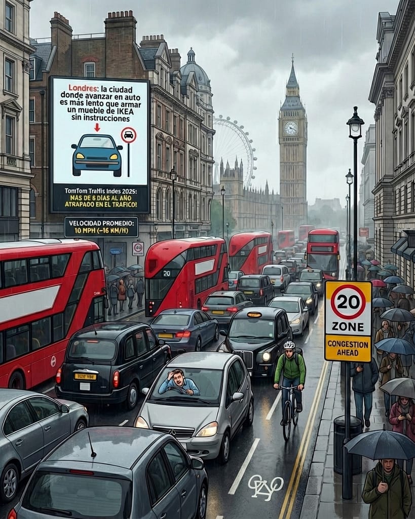 Londres: la ciudad donde avanzar en auto es más lento que armar un mueble de IKEA sin instrucciones Si vivís en Londres y alguna vez pensaste “esto no puede ser tan malo…”, tenemos malas noticias: la capital británica fue oficialmente coronada como la ciudad con el tráfico más lento del mundo entre las capitales. Según el TomTom Traffic Index 2025, el conductor londinense promedio pasó el equivalente a más de seis días enteros atrapado en el tráfico solo durante las horas pico del año, viajando apenas a 10 mph (unos ~16 km/h) en rutas típicas. Para ponerlo en perspectiva: Un trayecto de seis millas (≈9,6 km) llevó en promedio más de 35 minutos, cuatro veces más de lo que tomaría en un mundo ideal sin tráfico. Otro dato simpático (o trágico, depende cómo lo veas): cruzar 1 km te lleva 3 minutos y 38 segundos, en lugar de algo más razonable. Sí, en Londres podrías llegar tarde antes de haber siquiera salido de tu casa. ¿Y por qué es tan terrible? – Muchas calles datan de épocas en que los carruajes eran el transporte “rápido”, y no están pensadas para cientos de miles de autos modernos. – Los límites de velocidad generalizados de 20 mph (32 km/h) en gran parte de la ciudad —pensados para mejorar seguridad y reducir accidentes— hacen que avanzar sea lento aunque más seguro. En Europa, en el pasado Londres ya había liderado varios rankings de congestión, por encima de ciudades como París o Dublín. Si pensabas que Roma o Buenos Aires eran sinónimos de “atrapado en la ruta”, Londres te muestra otro nivel. Aquí el tráfico no es solo mala suerte, es patrimonio cultural urbano. ¿Soluciones? No hay varita mágica, pero se habla de: 🚴 Más transporte público y carriles bici 🚶 Más zonas peatonales 📉 Reducción de autos en el centro Y claro, si podés, mejor confía en el tube o el bus. Porque en Londres… esperar no es solo parte del viaje, es el viaje...